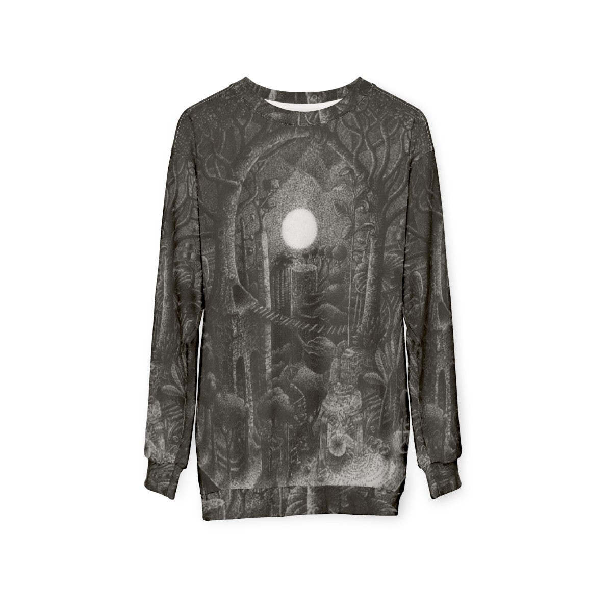 Full Tree Moon Sweatshirt with Ink Drawing Design - hanging