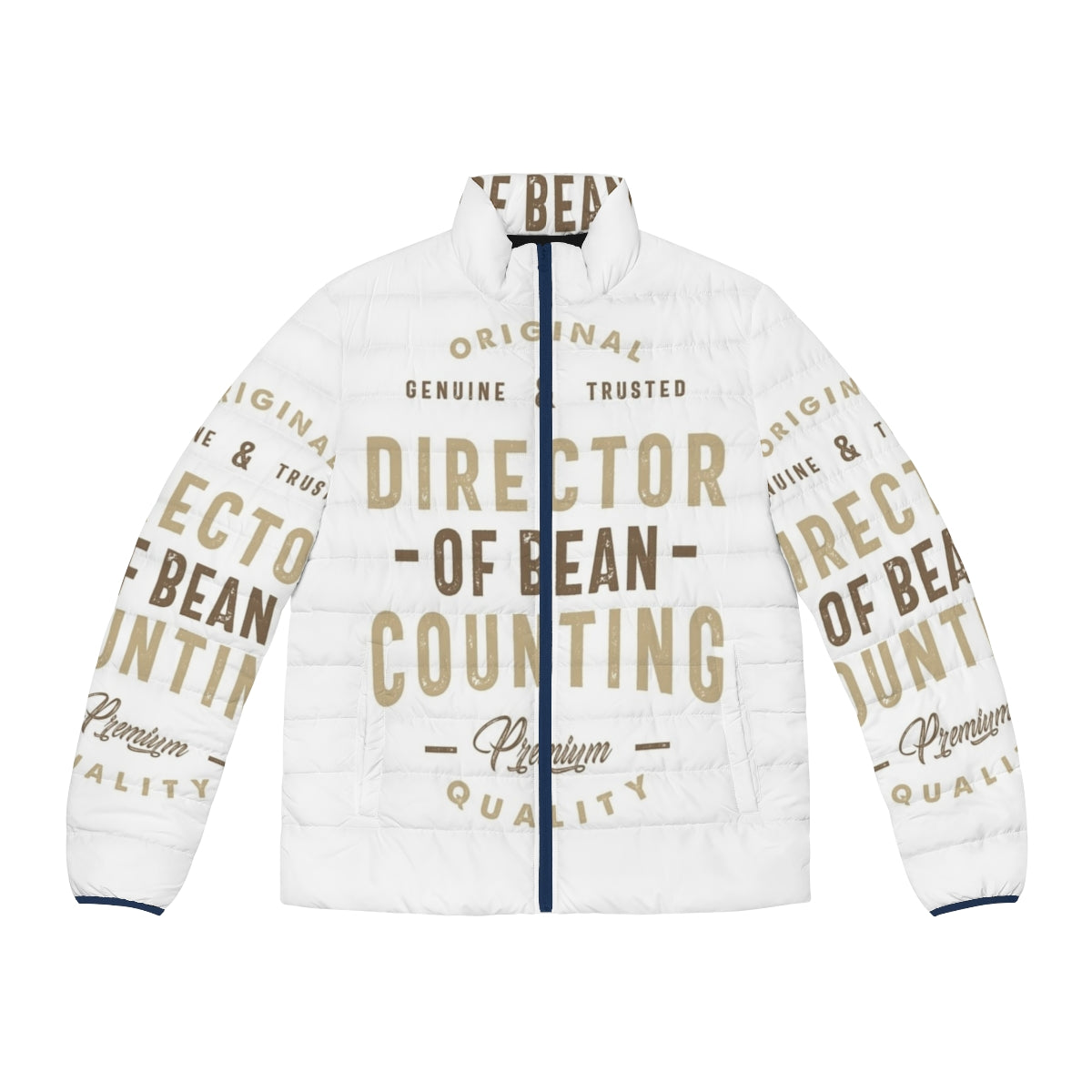 Director of Bean Counting Puffer Jacket with Typographic Design