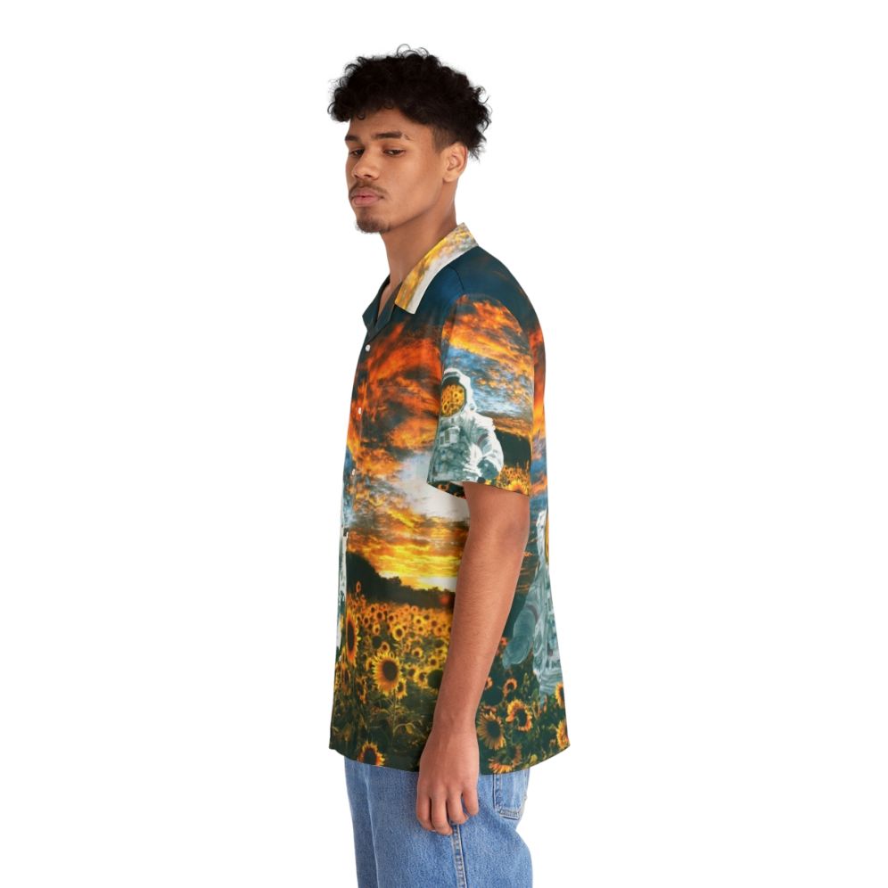 Astronaut in a galaxy Hawaiian shirt with sunflowers and a spaceship - People Left