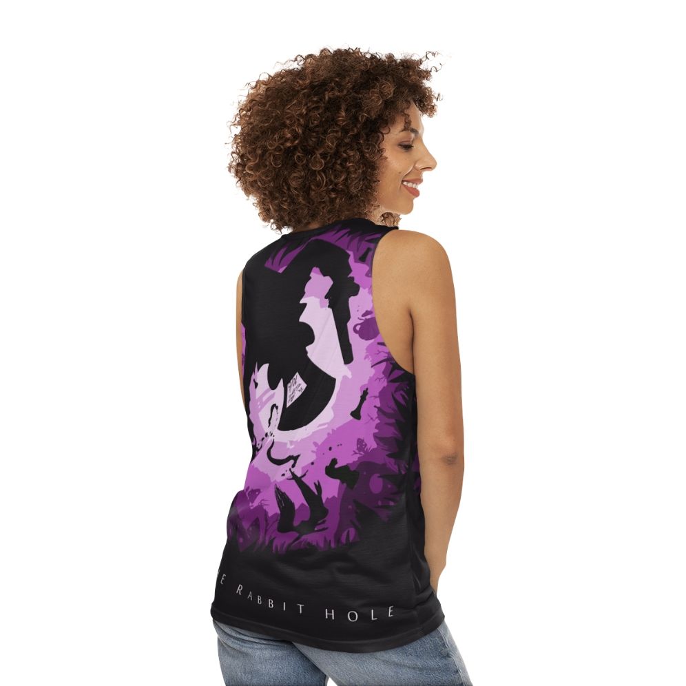 Unisex graphic tank top with Gotham City and Justice League design - women back