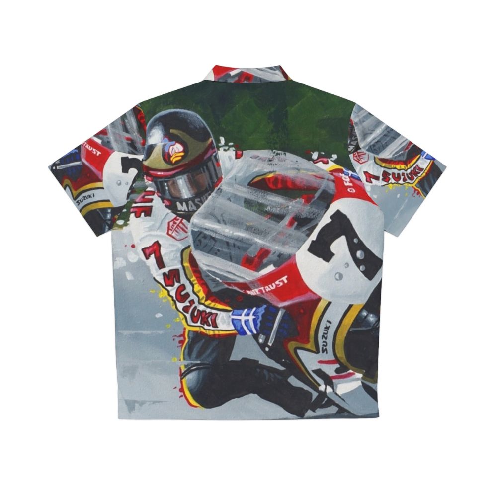 Barry Sheene Inspired Hawaiian Shirt featuring Retro MotoGP Motorsports Apparel Design - Back