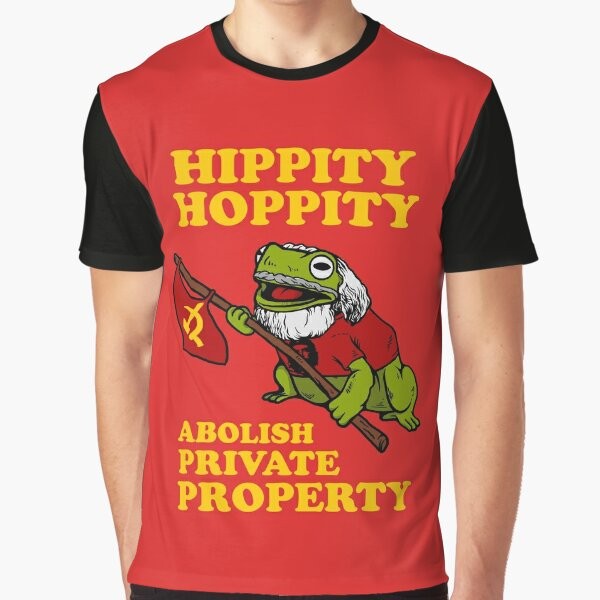 Graphic t-shirt featuring a frog and the phrase "Hippity Hoppity Abolish Private Property"