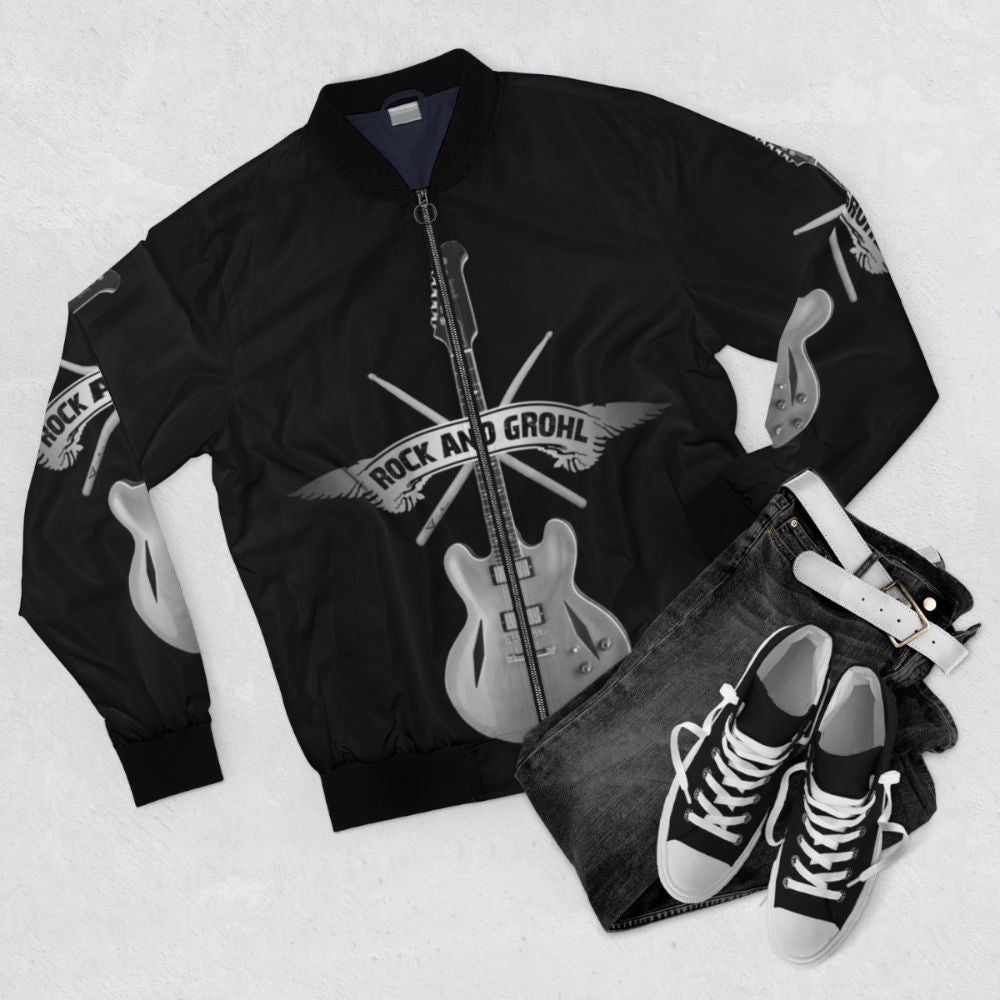 Dave Grohl inspired bomber jacket with drumsticks and guitar graphic design - Flat lay