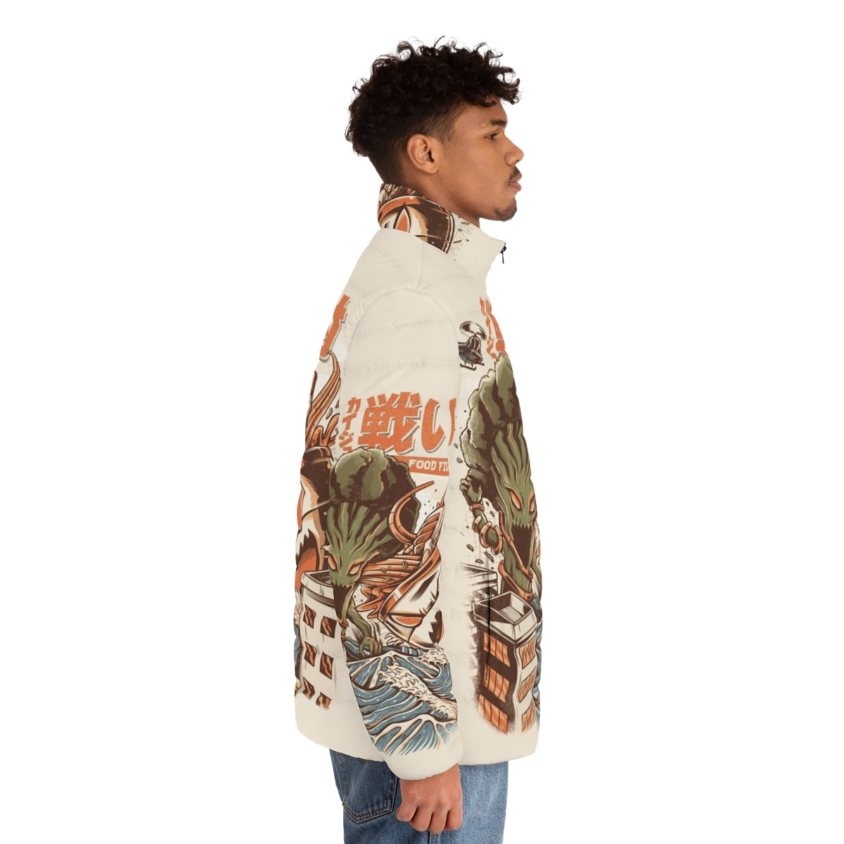 A stylish puffer jacket featuring a design of ramen kaiju fighting broccoli, perfect for anime and food lovers. - men side right