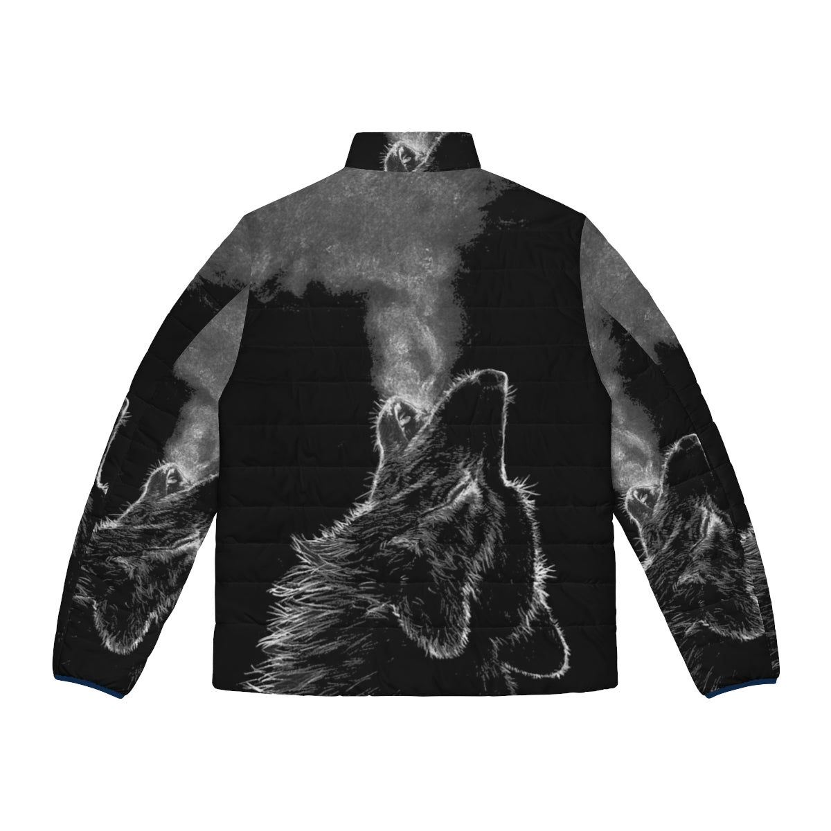 A black and white wolf puffer jacket with a furry hood and animal print design - Back