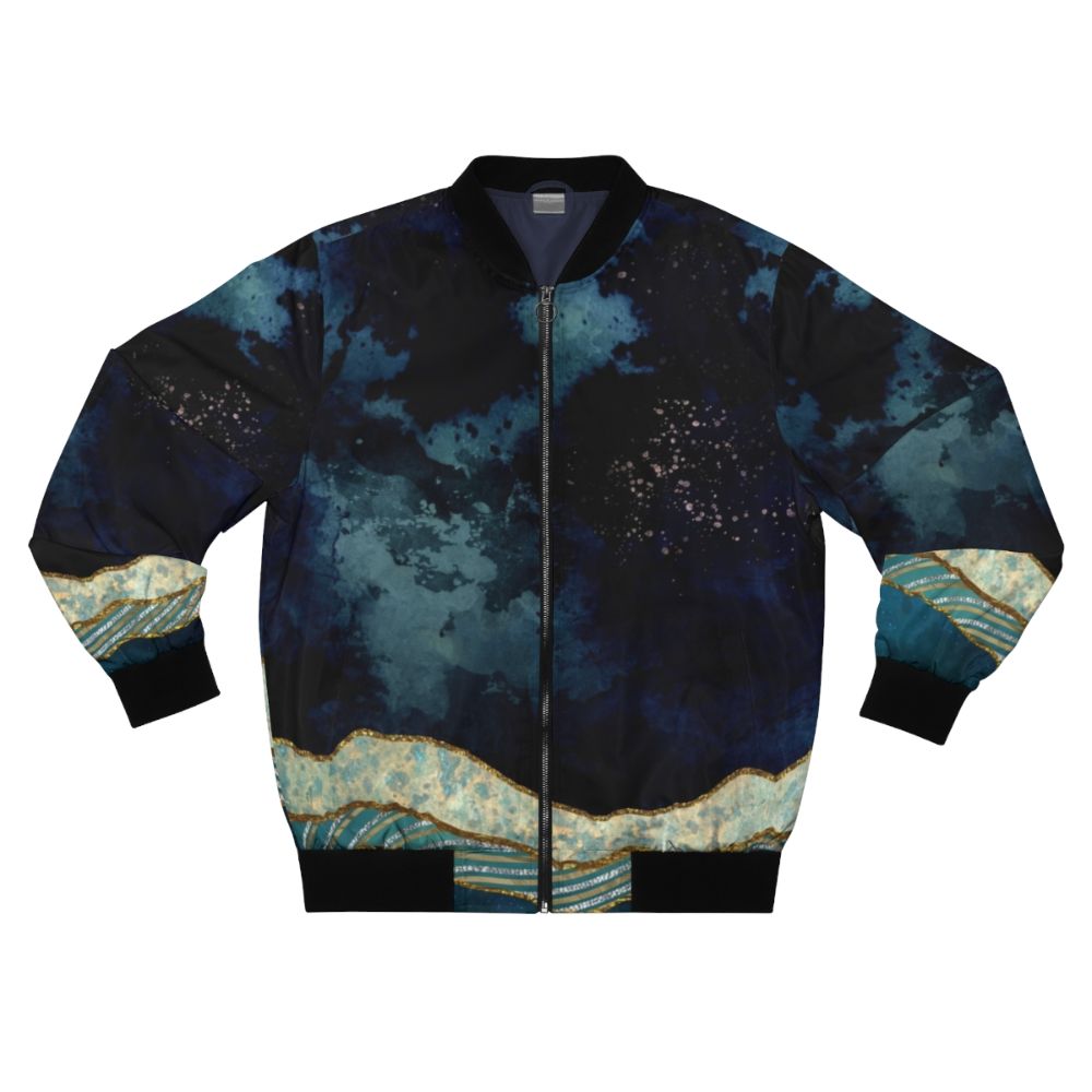 Indigo Sky Abstract Landscape Bomber Jacket with Nature, Mountains, and Galaxy Motifs