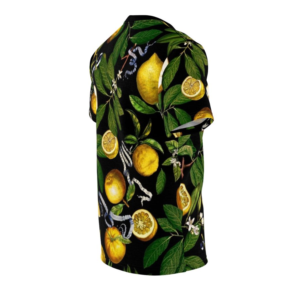 A stylish t-shirt featuring a vibrant lemon tree botanical design with tropical leaves and foliage. - men right