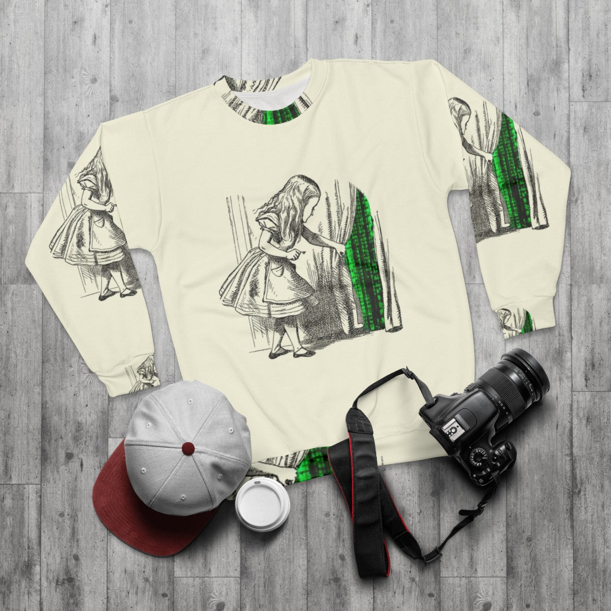 Follow the White Rabbit themed sweatshirt design with Alice in Wonderland and Matrix crossover elements - flat lay