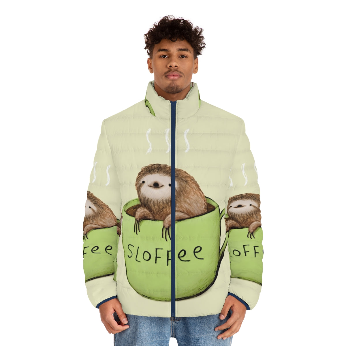 Sloffee Puffer Jacket - A cozy, sloth-themed puffer jacket for the ultimate slowth lover - men front