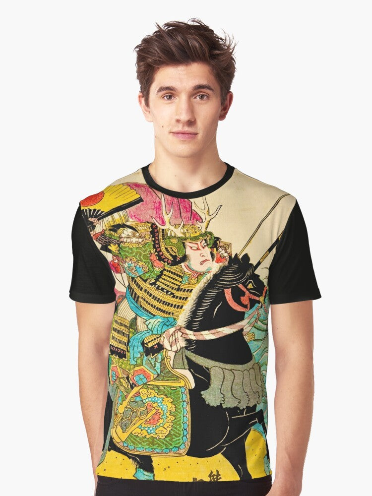 A graphic t-shirt design featuring a samurai warrior riding a horse in the traditional Japanese ukiyo-e style. - Men