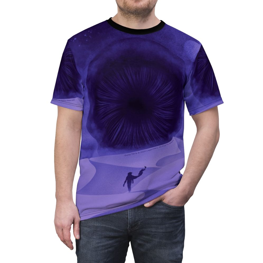 Dune-inspired AOP t-shirt featuring the Great Shai Hulud and purple moons - men front