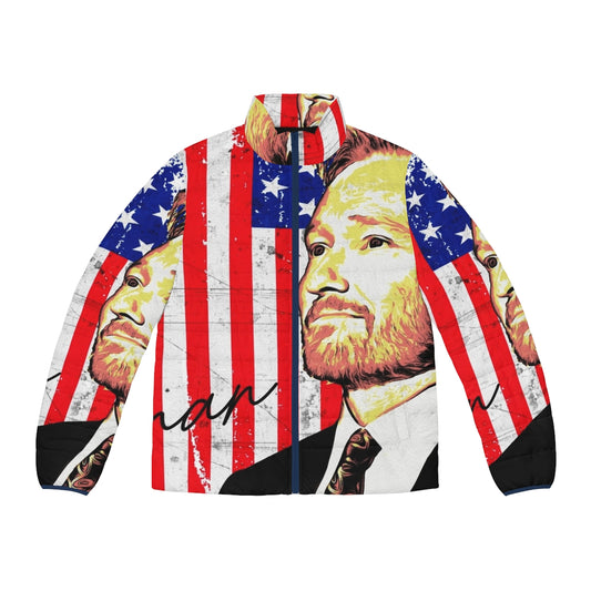 Conan O'Brien wearing an American flag puffer jacket with the Team Coco logo