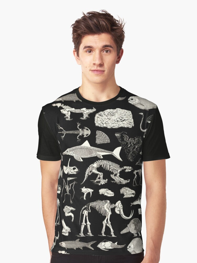 Paleontology illustration graphic t-shirt featuring dinosaur fossils, skeletons, and ancient archaeological symbols - Men