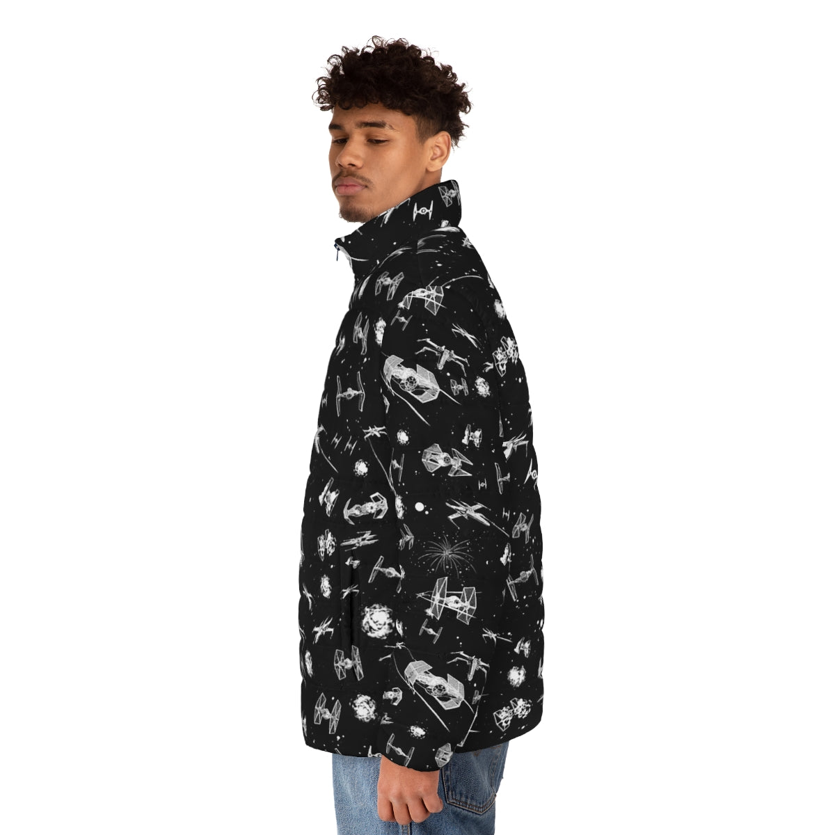 Intergalactic space battle puffer jacket with spaceship and star pattern - men side left