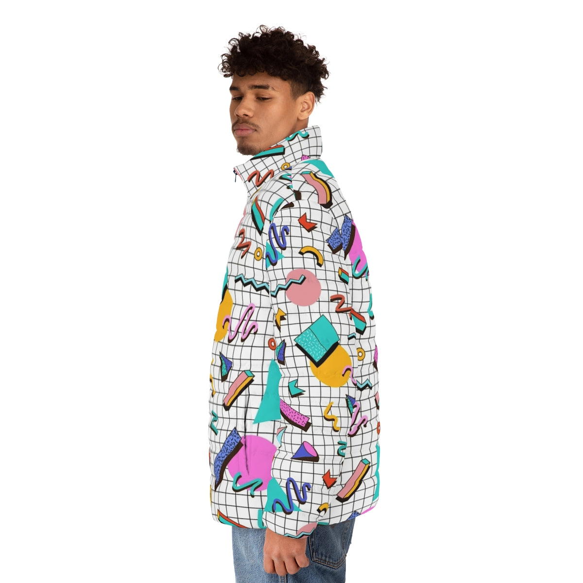 Funky 80s puffer jacket with colorful retro memphis pattern design - men side left