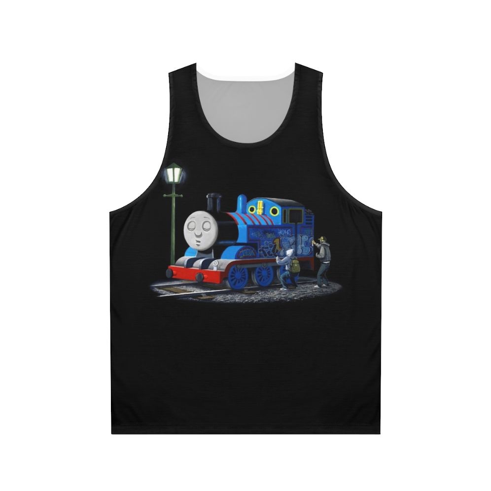 Banksy-inspired Thomas the Tank Engine graffiti unisex tank top