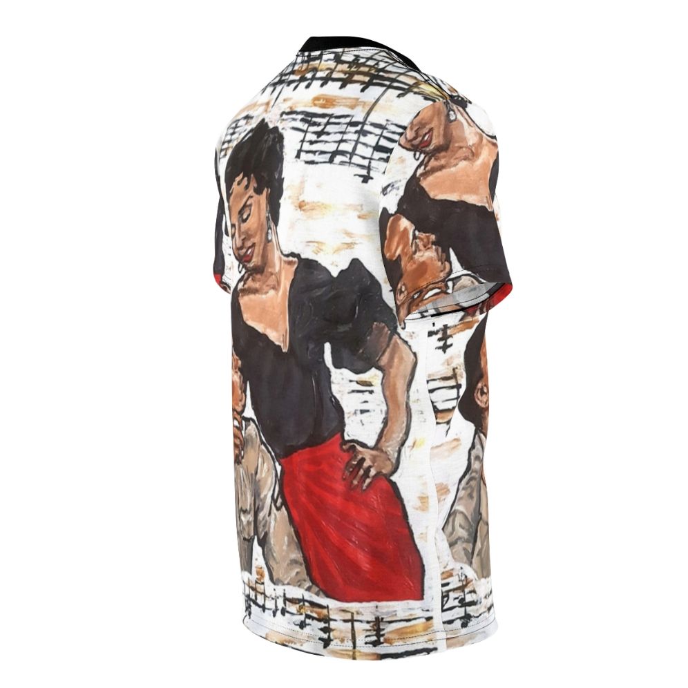 Vintage-inspired T-shirt featuring a Carmen Jones-themed design with musical elements and references to Black Hollywood glamour. - men right