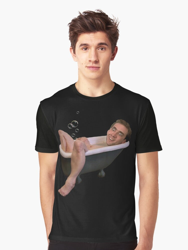 Graphic t-shirt featuring a funny image of Nicholas Cage taking a bath - Men