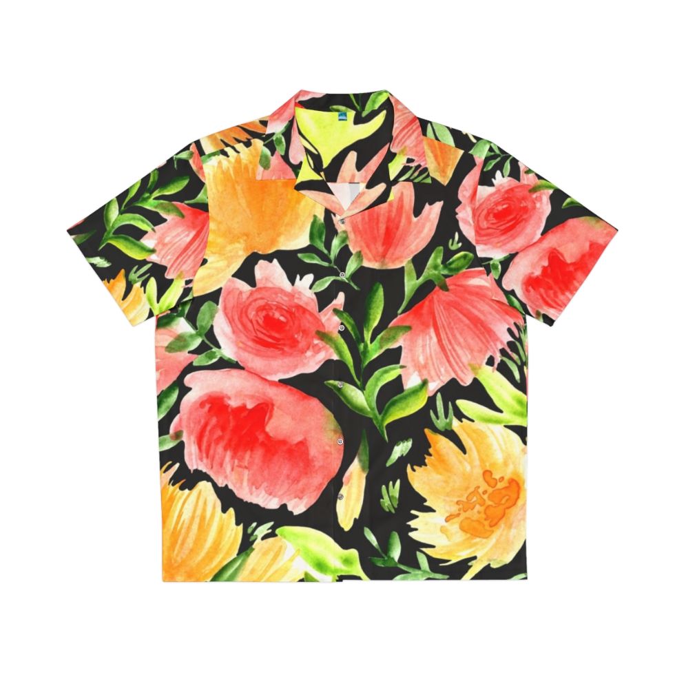 Watercolor floral Hawaiian shirt with black background