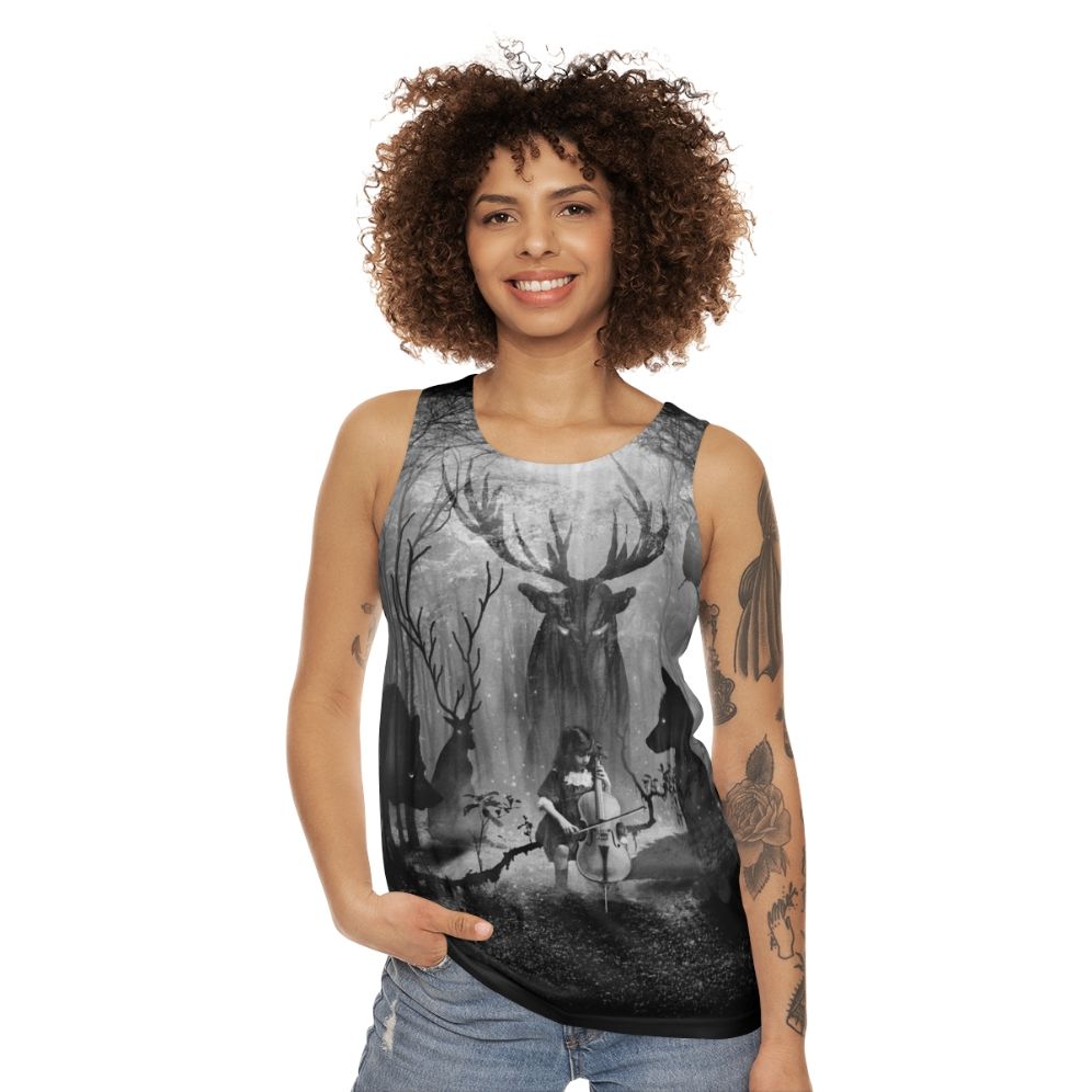 Unisex tank top featuring a forest scene with musical instruments and wild animals - women