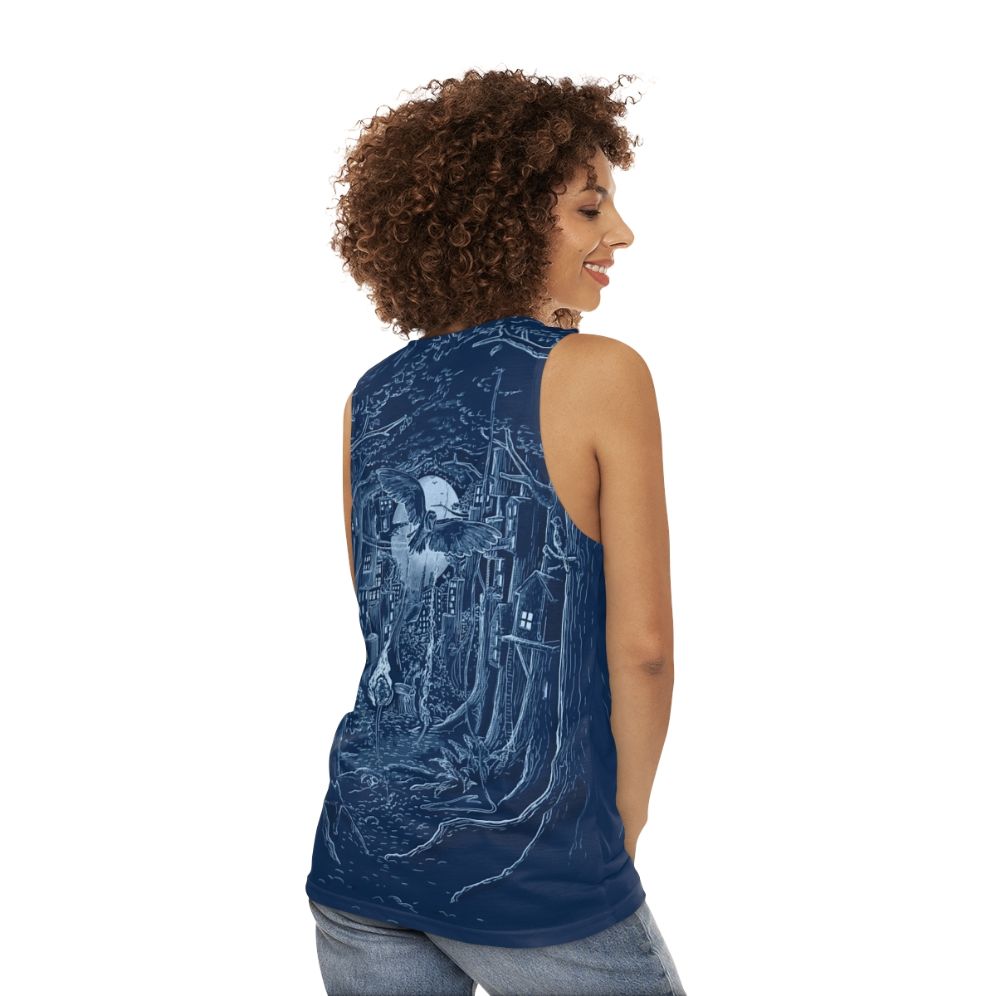 Enchanting forest unisex tank top with moonlit cityscape and wildlife - women back