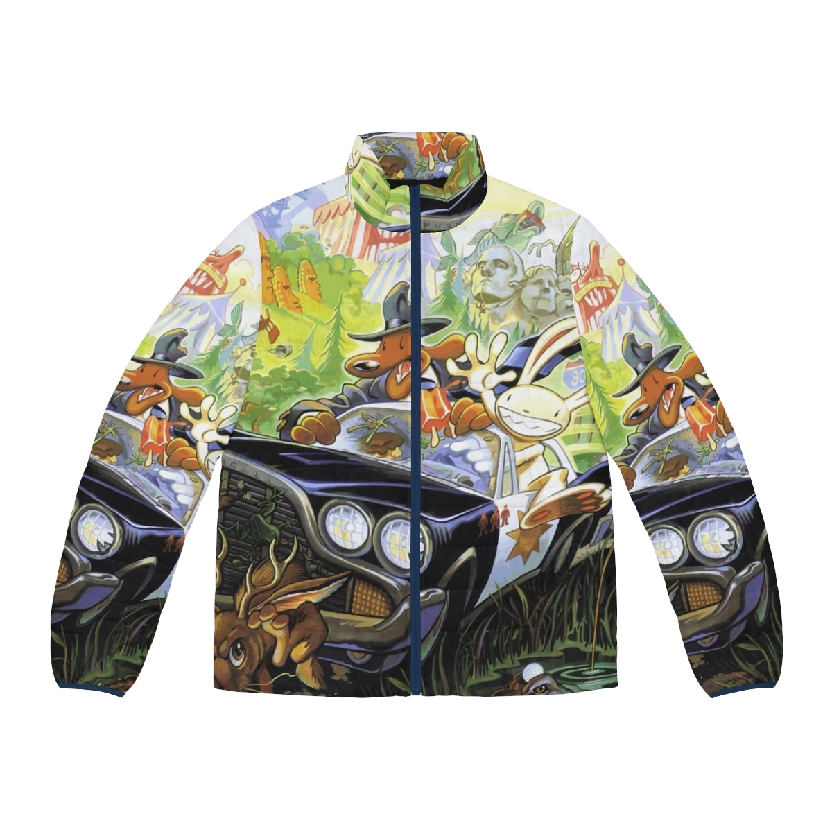 Puffer jacket with retro gaming graphics