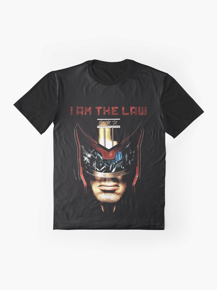 "I Am the Law" graphic t-shirt featuring Judge Dredd character from science fiction comics - Flat lay