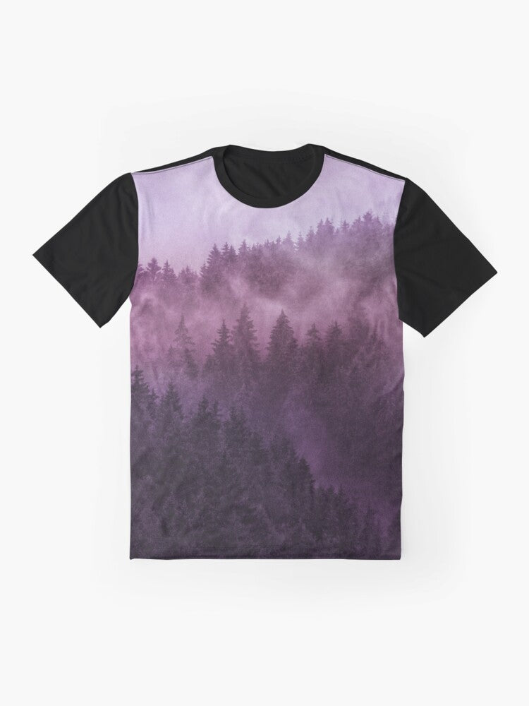 Graphic t-shirt with a design featuring a foggy, misty forest in a wilderness setting - Flat lay