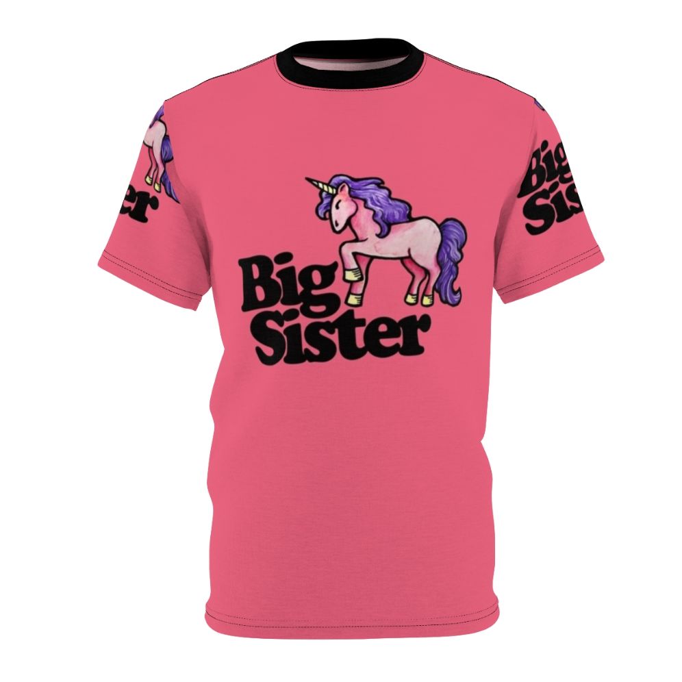 A whimsical t-shirt featuring a cute big sister design with a unicorn and other magical creatures.