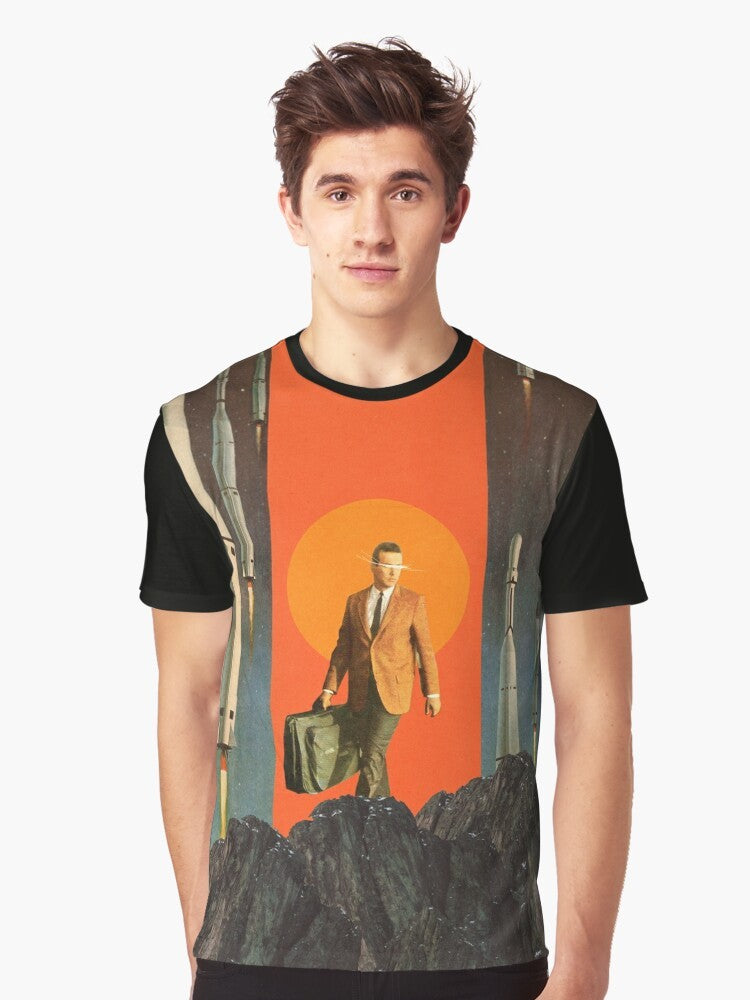 Vintage retro graphic t-shirt featuring a digital collage design with surreal, retrofuture elements of space, mountains, and abstract shapes. - Men