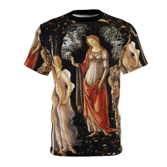 Sandro Botticelli inspired Primavera painting on a high-quality AOP t-shirt