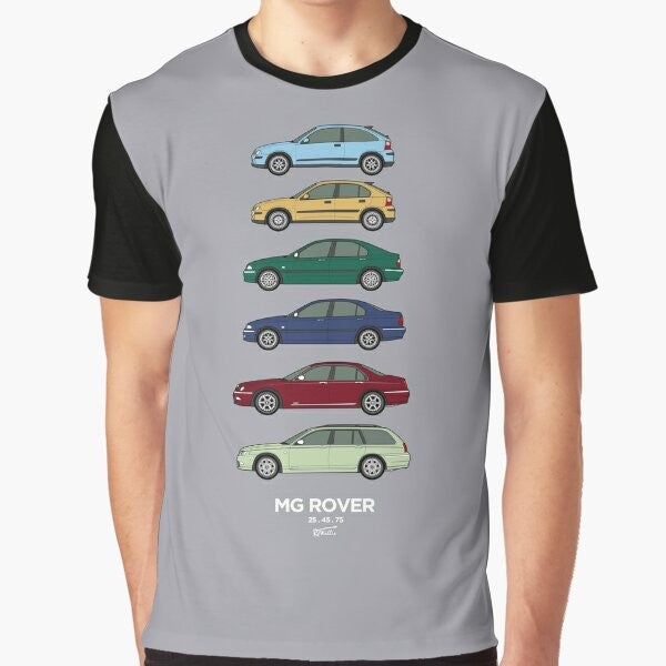 Graphic t-shirt featuring the iconic Rover 25, 45, and 75 classic cars