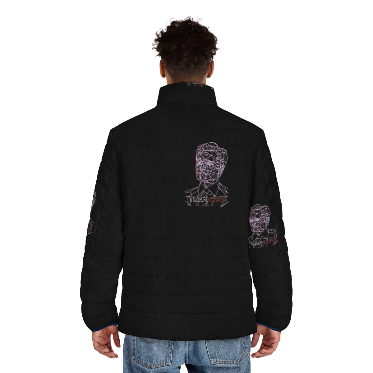 Conan O'Brien Anaglyph Puffer Jacket with vector line art portrait - men back