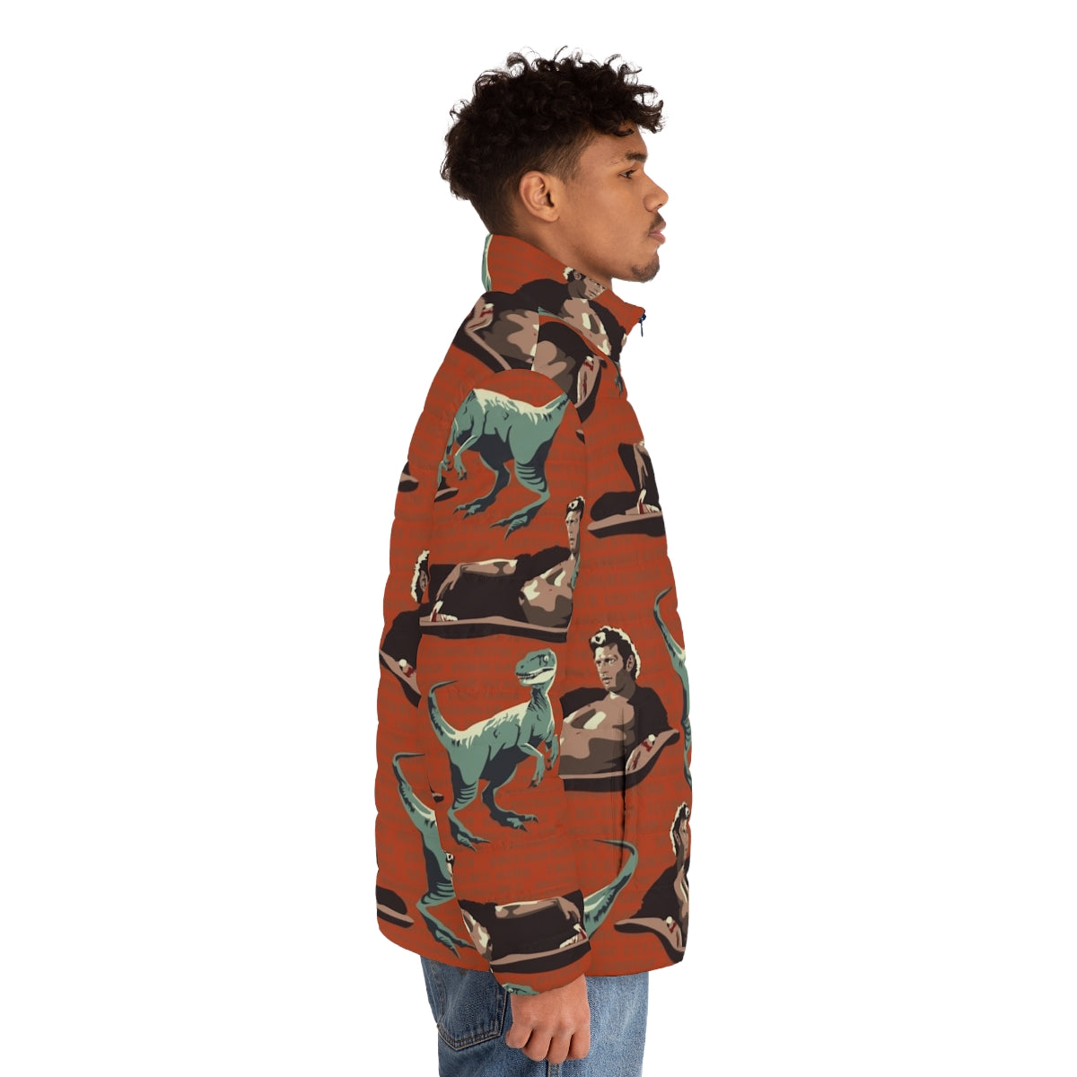 Jurassic Geniuses Puffer Jacket featuring a dinosaur DNA sequence pattern - men side right