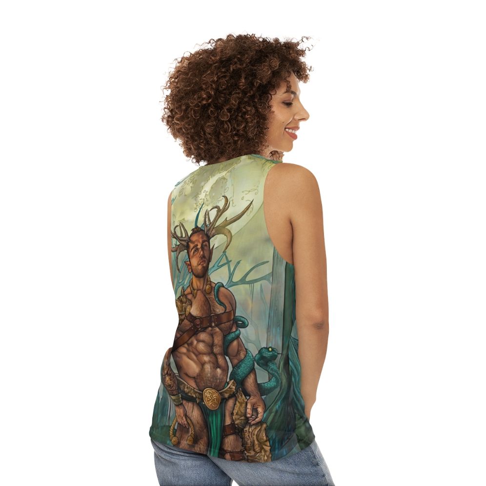 Unisex Cernunnos tank top with pagan mythology inspired satyr design - women back