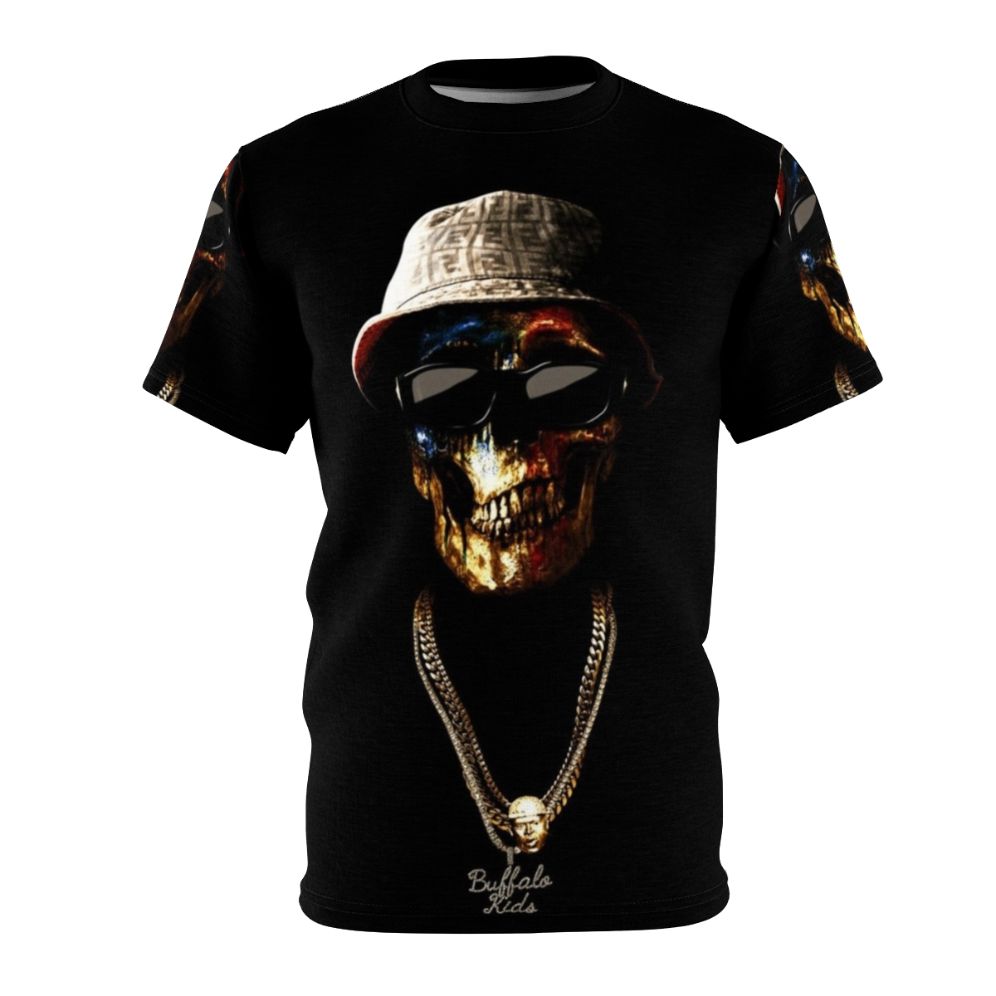 Skull face graphic t-shirt design inspired by hip hop artist Conway the Machine and Griselda Records