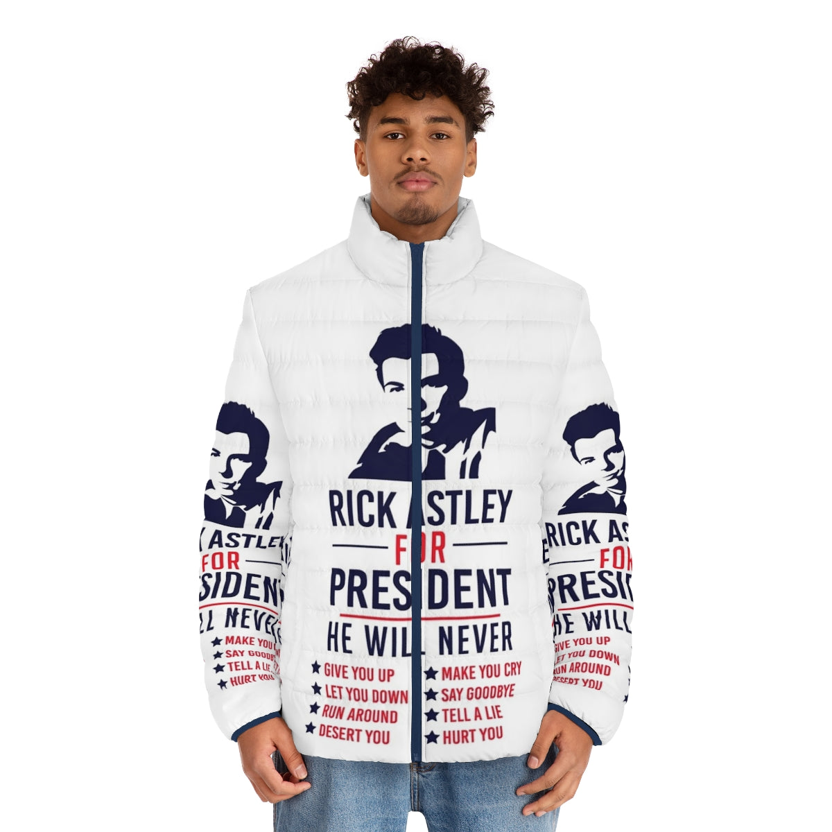 Rick Astley Puffer Jacket with political campaign design - men front