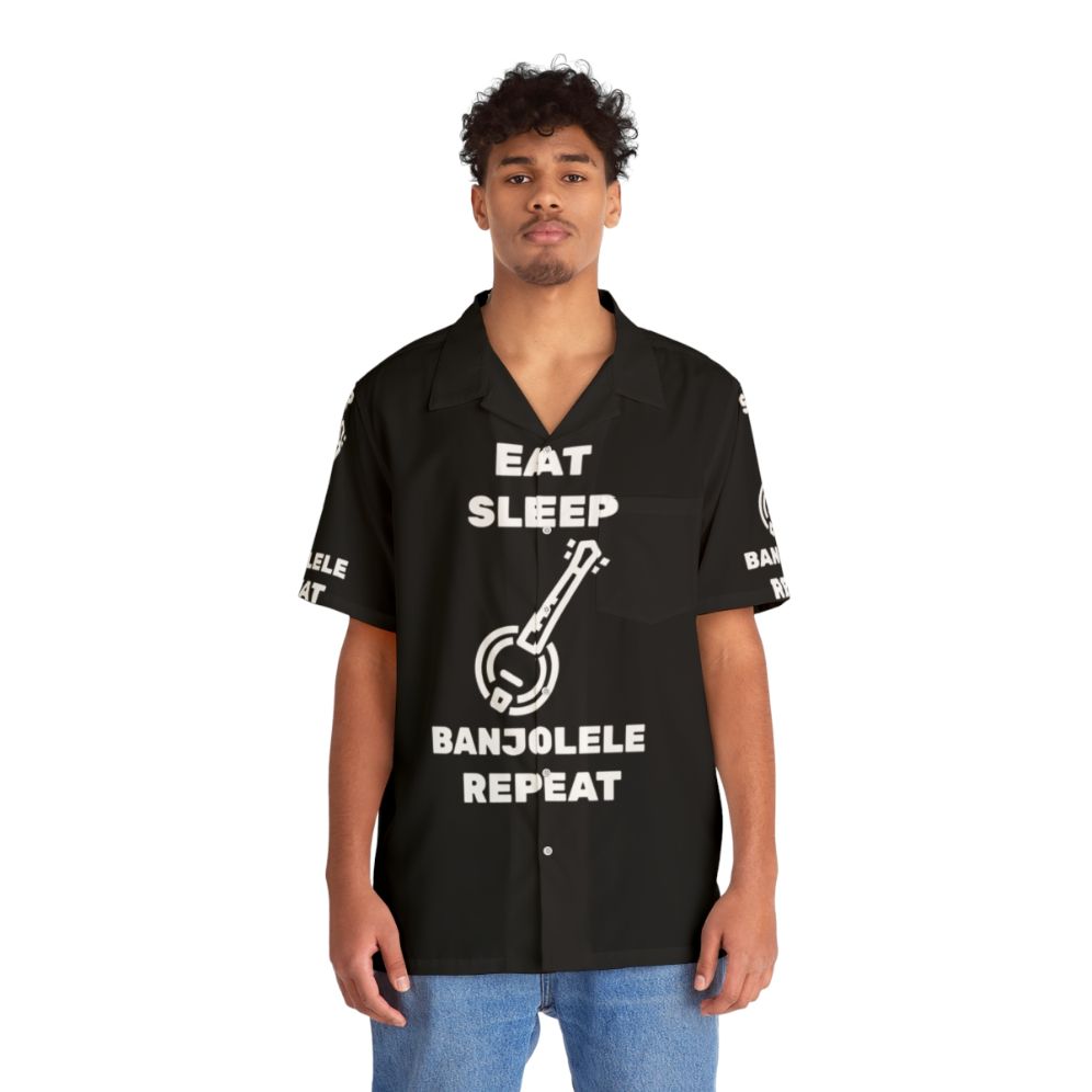 Banjolele Hawaiian Shirt with "Eat Sleep Banjolele Repeat" Design - People Front