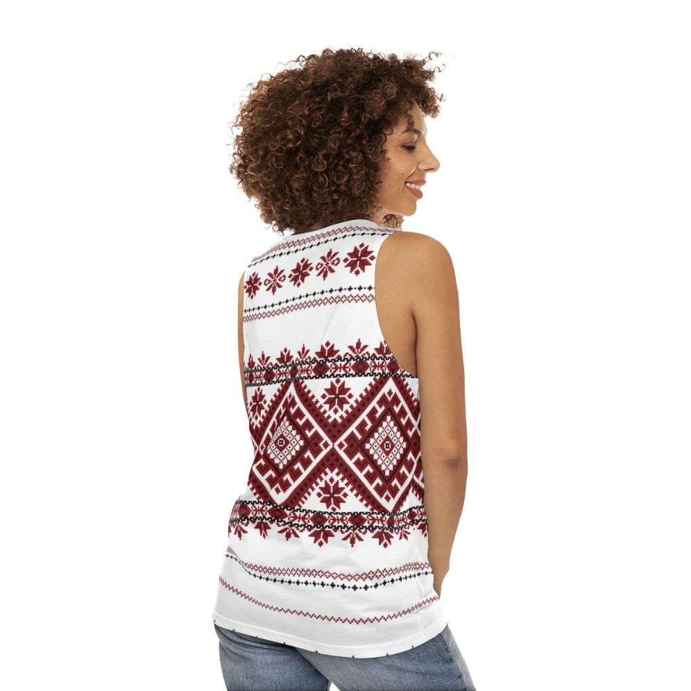 Unisex tank top with traditional Romanian geometric motif pattern - women back