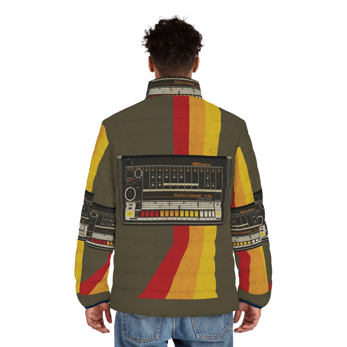 Retro 808 puffer jacket with synthesizer and drum machine design - men back