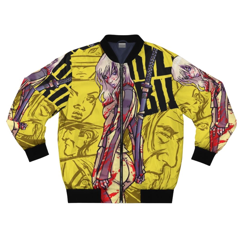 Kill Bill inspired bomber jacket with Beatrix Kiddo, ninja, sword, and pop culture graphics