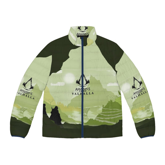 Assassin's Creed Valhalla inspired puffer jacket with a stylish Viking landscape design