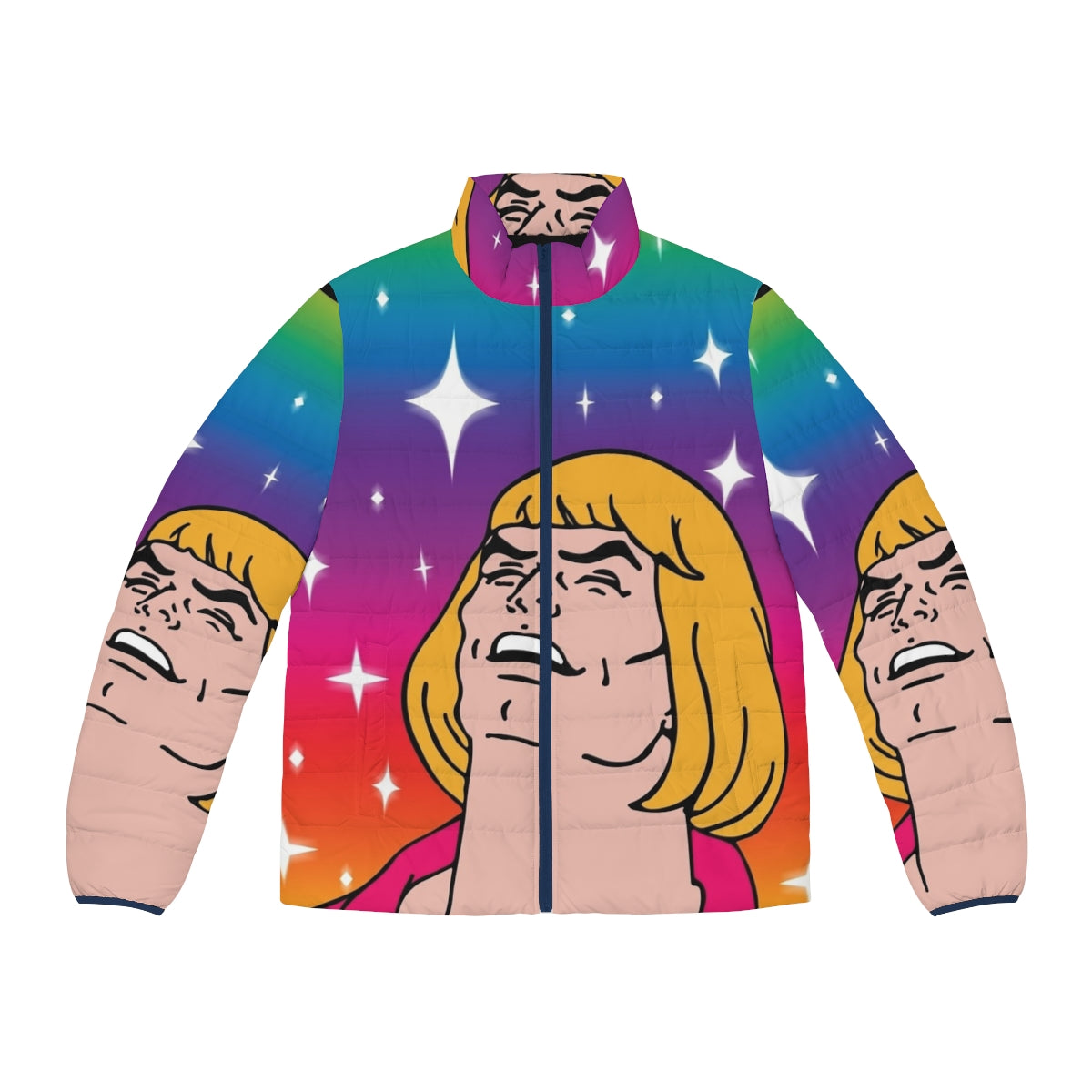 Retro "What's Going On?" He-Man inspired puffer jacket with colorful 80s design