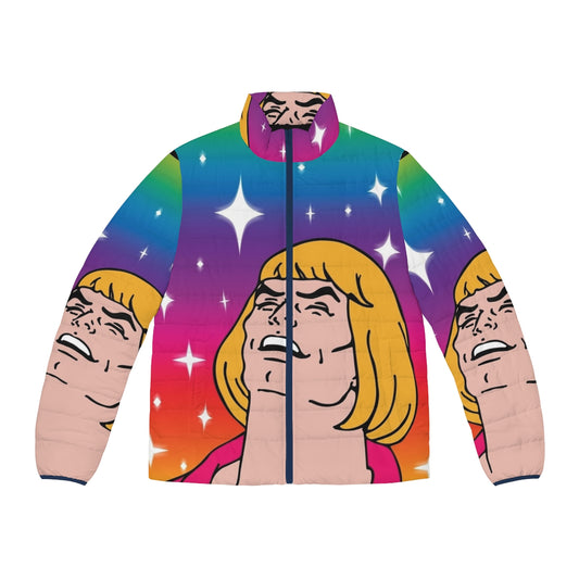 Retro "What's Going On?" He-Man inspired puffer jacket with colorful 80s design