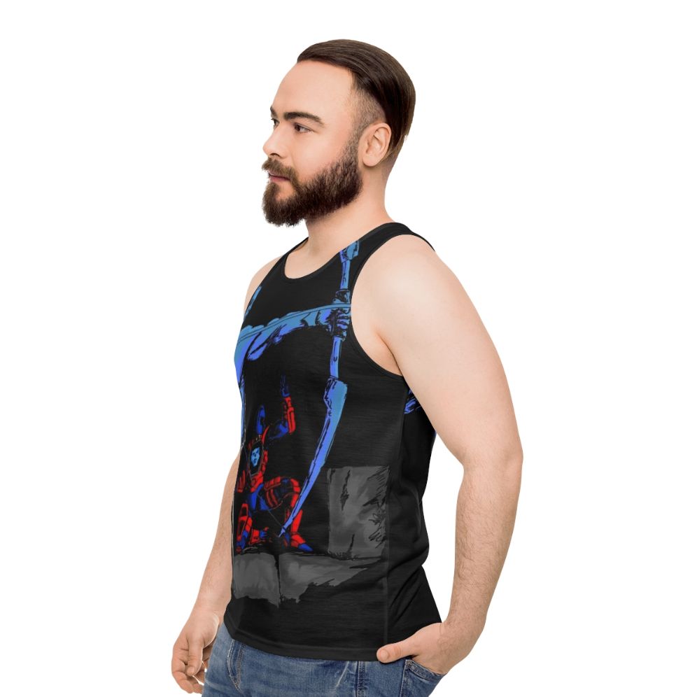 Retro unisex tank top with Cryotek-inspired 80s cartoon design - men side