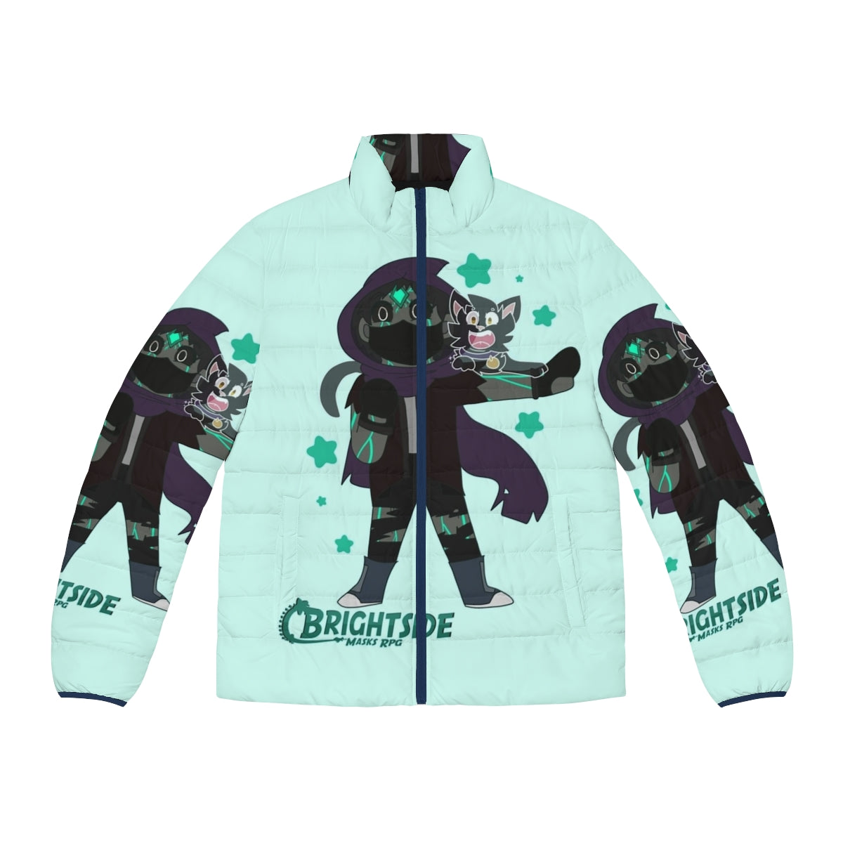 Chibi puffer jacket featuring superhero and villain designs