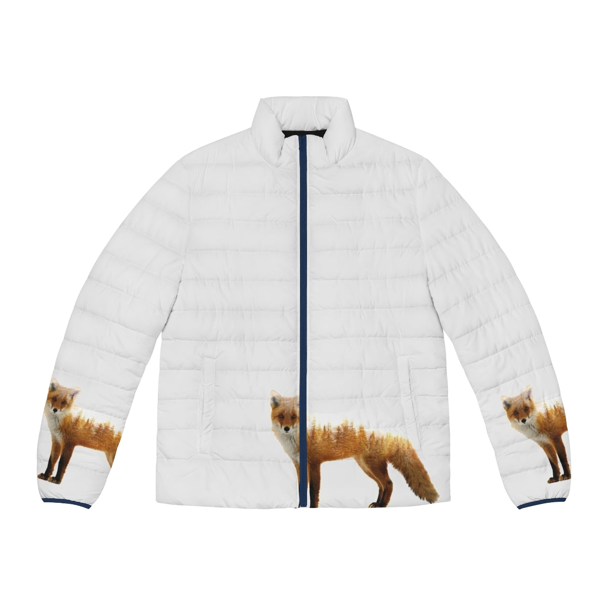 A puffer jacket featuring a double exposure design of a majestic forest fox