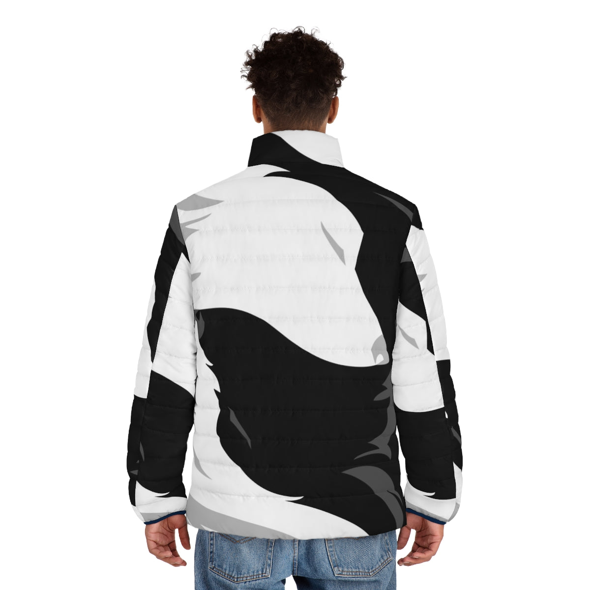 A cozy black and white puffer jacket with a yin yang animal print design. - men back