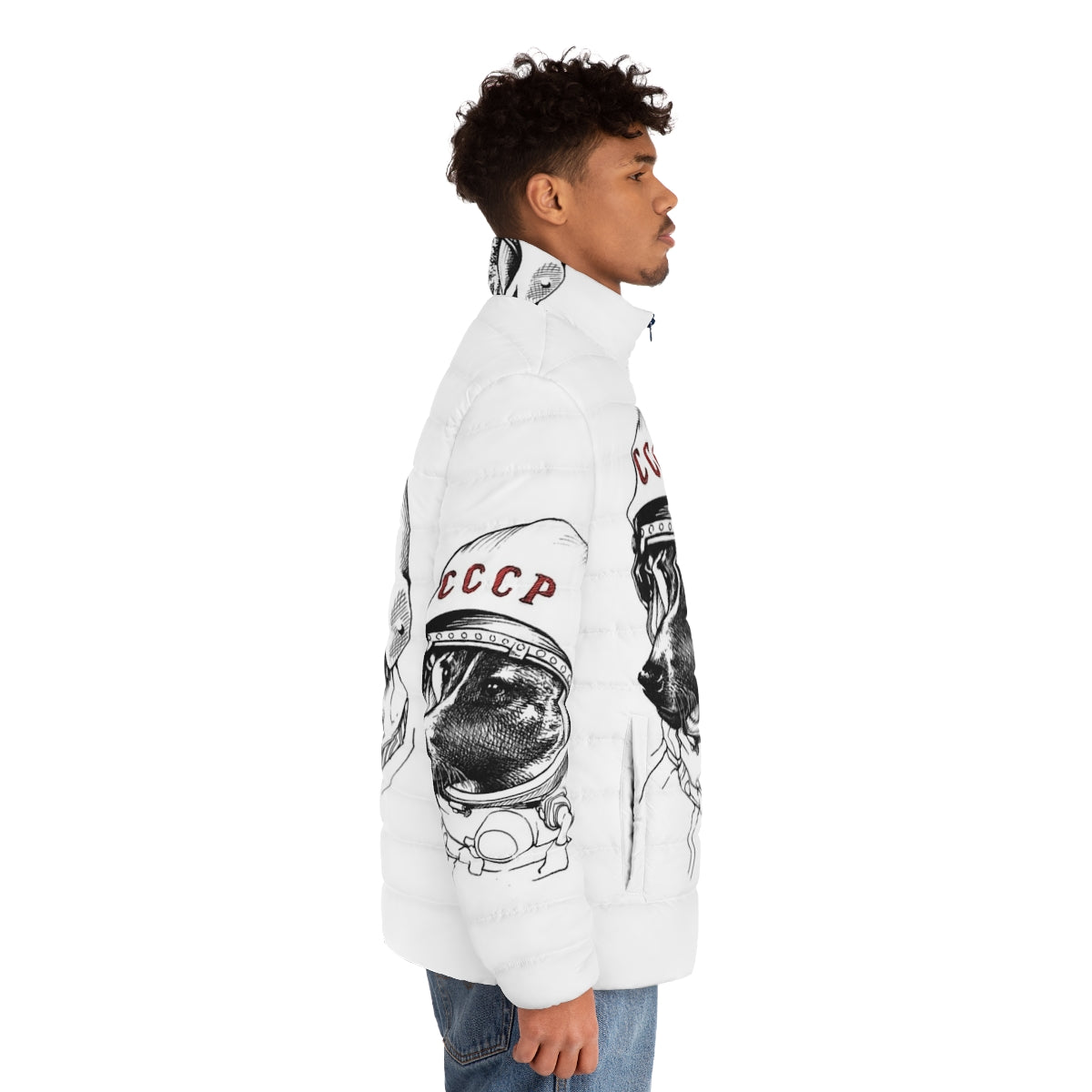 Laika Space Traveler Puffer Jacket featuring a dog in a spacesuit - men side right