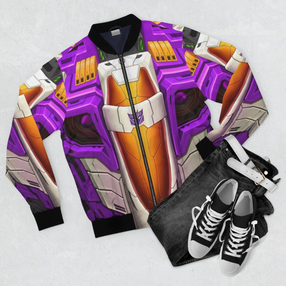 Transformers Skywarp Decepticon Bomber Jacket with robot, warrior, and jet design - Flat lay